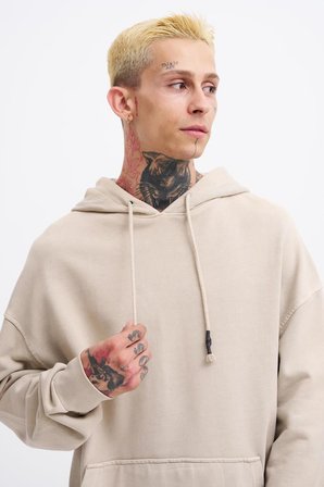 Erkek Yıkamalı Basic Kapüşonlu Oversize Sweatshirt Açık Bej