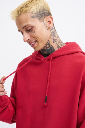 Erkek Yıkamalı Basic Kapüşonlu Oversize Sweatshirt Açık Kırmızı