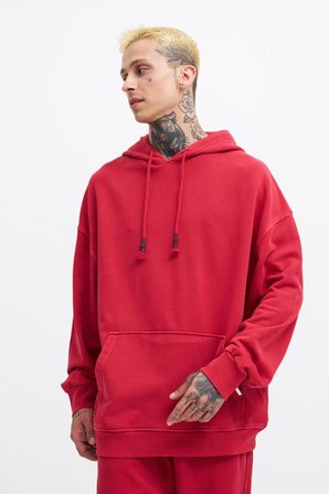 Erkek Yıkamalı Basic Kapüşonlu Oversize Sweatshirt Açık Kırmızı