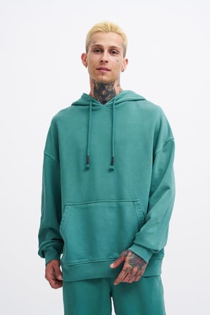 Erkek Yıkamalı Basic Kapüşonlu Oversize Sweatshirt Yağ Yeşili