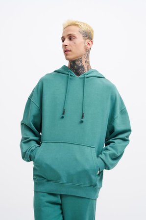 Erkek Yıkamalı Basic Kapüşonlu Oversize Sweatshirt Yağ Yeşili