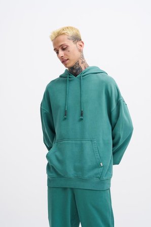 Erkek Yıkamalı Basic Kapüşonlu Oversize Sweatshirt Yağ Yeşili