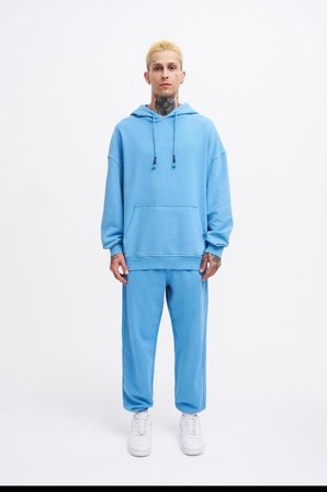 Erkek Yıkamalı Basic Kapüşonlu Oversize Sweatshirt Açık Mavi