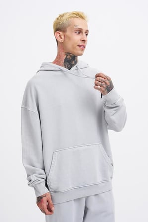 Erkek Yıkamalı Basic Kapüşonlu Oversize Sweatshirt Gri