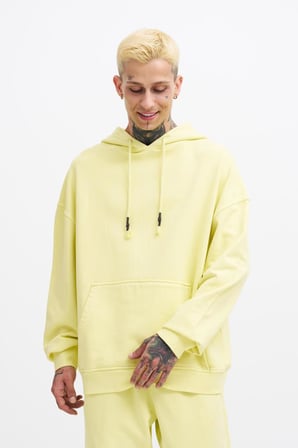 Erkek Yıkamalı Basic Kapüşonlu Oversize Sweatshirt Açık Sarı