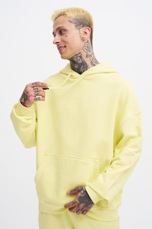 Erkek Yıkamalı Basic Kapüşonlu Oversize Sweatshirt Açık Sarı