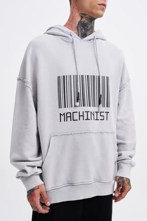 Erkek Yıkamalı Barkod Baskılı Kapüşonlu Oversize Sweatshirt Gri
