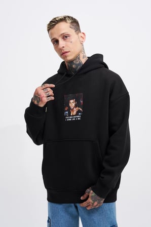 Erkek Muhammed Ali Baskılı Kapüşonlu Sweatshirt Siyah