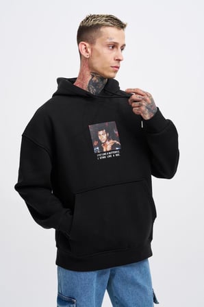 Erkek Muhammed Ali Baskılı Kapüşonlu Sweatshirt Siyah