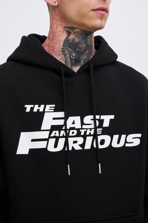 Erkek Fast Furious Baskılı Kapüşonlu Oversize Sweatshirt Siyah