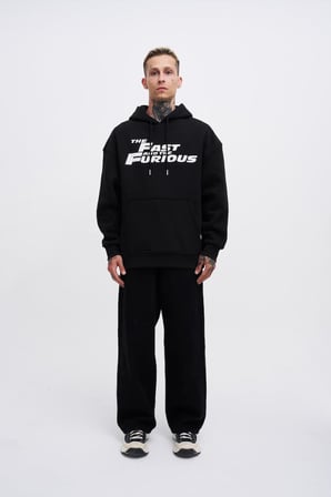 Erkek Fast Furious Baskılı Kapüşonlu Oversize Sweatshirt Siyah