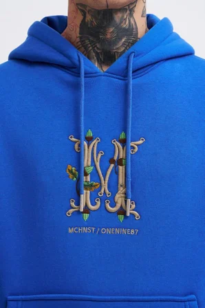 Erkek Naskışlı Kapüşonlu Oversize Sweatshirt Saks Mavi