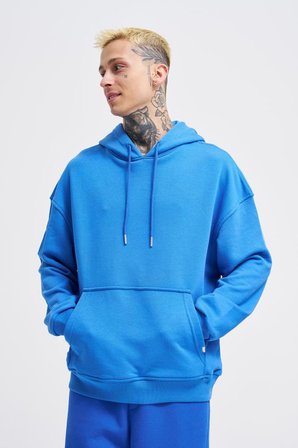 Erkek Kapüşonlu Oversize Sweatshirt Saks Mavi