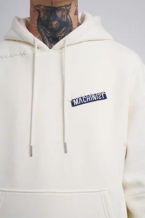Erkek Nakışlı Kanguru Cepli Oversize Sweatshirt Ekru