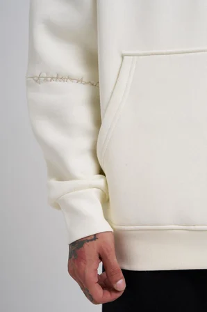 Erkek Nakışlı Kanguru Cepli Oversize Sweatshirt Ekru