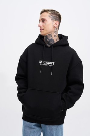 Erkek Connecting People Baskılı Kapüşonlu Sweatshirt Siyah