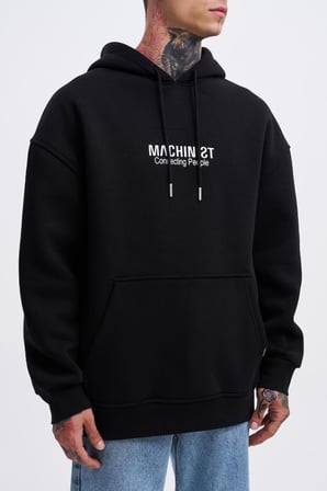 Erkek Connecting People Baskılı Kapüşonlu Sweatshirt Siyah