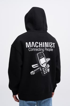 Erkek Connecting People Baskılı Kapüşonlu Sweatshirt Siyah