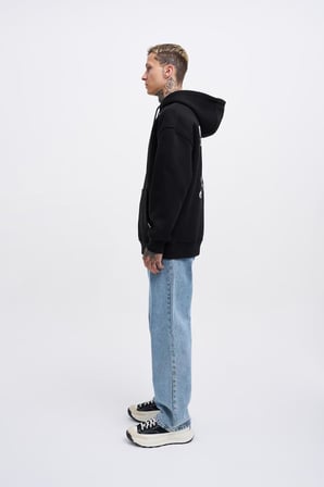 Erkek Connecting People Baskılı Kapüşonlu Sweatshirt Siyah