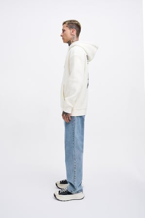 Erkek Connecting People Baskılı Kapüşonlu Sweatshirt Ekru