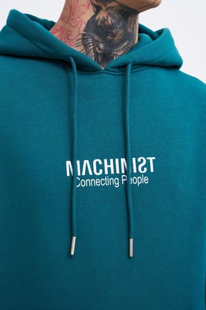Erkek Connecting People Baskılı Kapüşonlu Sweatshirt Petrol Yeşili