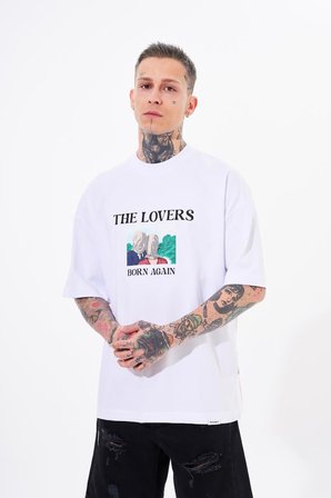 Erkek The Lovers Baskılı Oversize Tişört Beyaz