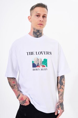 Erkek The Lovers Baskılı Oversize Tişört Beyaz