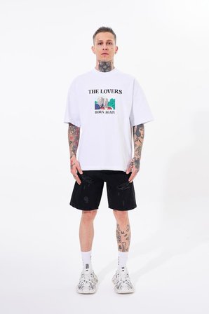 Erkek The Lovers Baskılı Oversize Tişört Beyaz