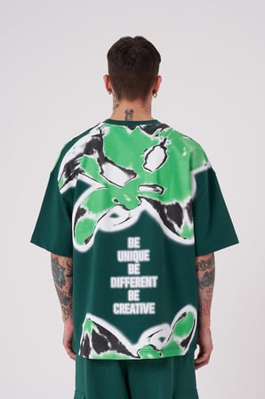 Erkek Lotus Flower Baskılı Oversize Tişört Yağ Yeşili