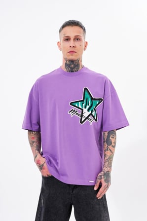 Erkek MacStar Nakışlı Oversize Tişört Mor