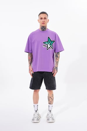 Erkek MacStar Nakışlı Oversize Tişört Mor