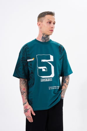 Erkek Number 5 Baskılı Oversize Tişört Yağ Yeşili