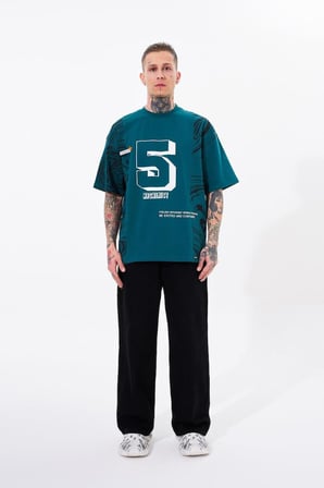 Erkek Number 5 Baskılı Oversize Tişört Yağ Yeşili