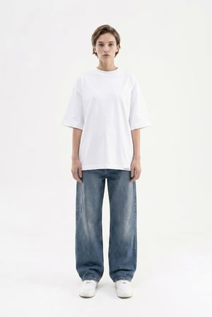 Kadın Basic Oversize Pamuklu Süprem T-Shirt Beyaz