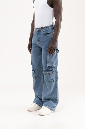 Erkek Yan Cepli Baggy Jean Pantolon Mavi