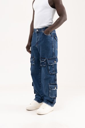 Erkek Cep Detaylı Baggy Jean Pantolon Mavi