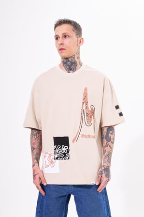 Erkek Never To Late Baskılı Oversize Tişört Açık Bej