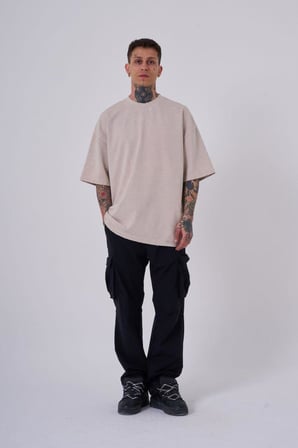 Erkek Yıkamalı Hidden Patch Oversize Tişört Açık Bej Efektli