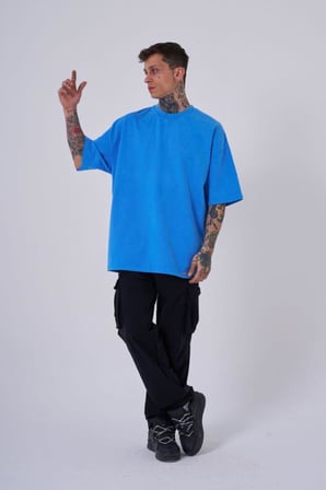 Erkek Yıkamalı Hidden Patch Oversize Tişört Açık Mavi Efektli