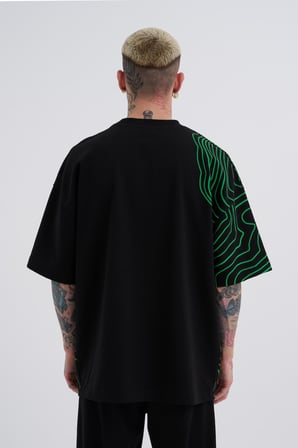Erkek Striped Macstrar Oversize Tişört Siyah-Erik Yeşil