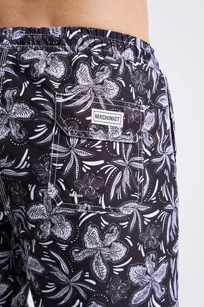 Erkek Floral and Botanical Deniz Şortu Siyah-Beyaz