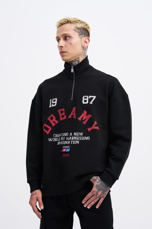 Erkek High Neck Printed Polo Sweatshirt Siyah