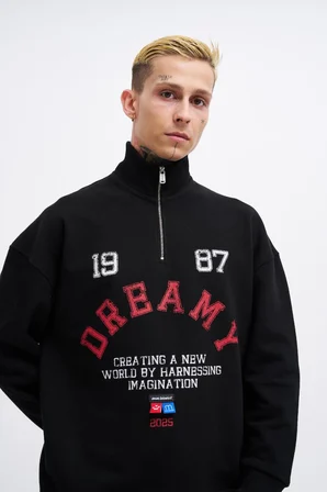 Erkek High Neck Printed Polo Sweatshirt Siyah