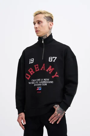 Erkek High Neck Printed Polo Sweatshirt Siyah