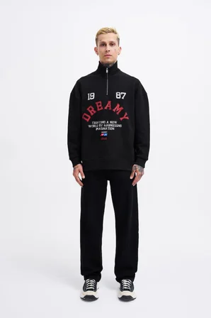 Erkek High Neck Printed Polo Sweatshirt Siyah