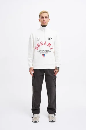 Erkek High Neck Printed Polo Sweatshirt Ekru
