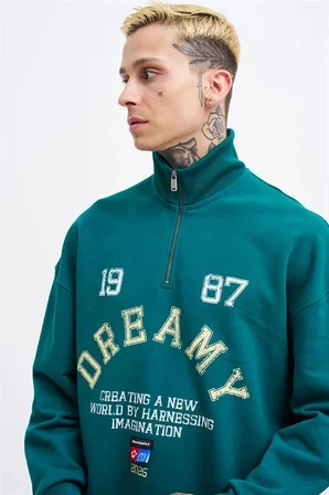 Erkek High Neck Printed Polo Sweatshirt Yağ Yeşili