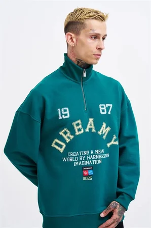 Erkek High Neck Printed Polo Sweatshirt Yağ Yeşili