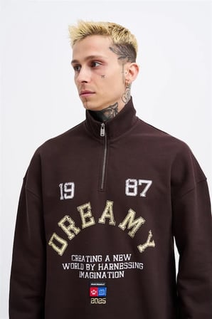 Erkek High Neck Printed Polo Sweatshirt Koyu Kahverengi