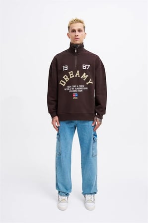 Erkek High Neck Printed Polo Sweatshirt Koyu Kahverengi